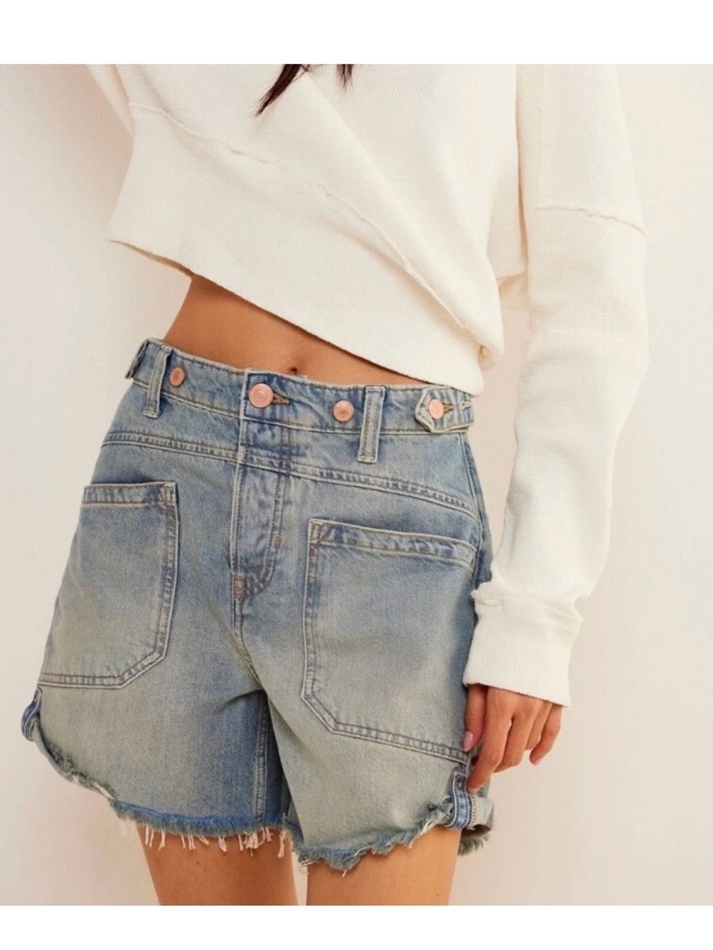 We The Free Light Blue High-Rise Frayed Denim Shorts